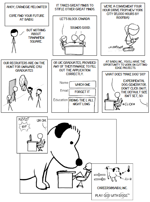 Mouse over words and things to see where they come from. Different title text: This comic went up on April 1st, and the panels changed throughout the day in response to readers doing things like breaking hashes, editing a rapidly-shuffling set of target Wikipedia articles, and donating to Wikimedia Foundation. (The vandalism is over now and CMU won the hashing contest.) Different title text: Happy April 1st, Everyone! Different title text: uic has the third best hash. See the full standings at http://almamater.xkcd.com/best.csv Different title text: The dog gains a pound for every $10 donated to the Wikimedia Foundation via this link. Currently at $51135.33