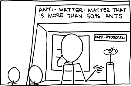 In this exhibit the marquee claims that anti-matter is composed of half ant and half matter. The prefix anti- means "the opposite of", but also can sound like ant-y. The suffix -y would make anty a neologism meaning "having the quality of or involving ants". Children might believe that matter involving ants could in fact be composed of both ants and matter. Antimatter is also referenced in 683: Science Montage, 1621: Fixion and 1731: Wrong as well as being the subject of the what if? Antimatter. It was also mentioned in another what if?: Lake Tea.