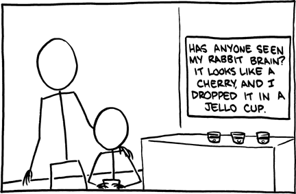In this exhibit the sign claims that one of the cups of Jello had a rabbit brain instead of a cherry. Cherries are a common ingredient in gelatin based deserts. One cup is missing and in the hands of the child, possibly eaten. This story might be used by parents to tease their children, or discourage them from eating more dessert. This story might regrettably convince a child that they ate the brain of a small cute fluffy animal.