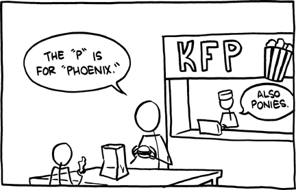 In this exhibit the marquee announces the name of the concession stand as KFP. The parent claims that the "P" stands for phoenix, and the operator adds "also ponies". KFP is a parody of Kentucky Fried Chicken (KFC), a popular fast food chain which specializes in fried chicken. A phoenix is a mythical bird that throws it self into a fire and later rises from the ashes. This story might be believed by children because phoenixes are birds and a fried one may look similar to a chicken.