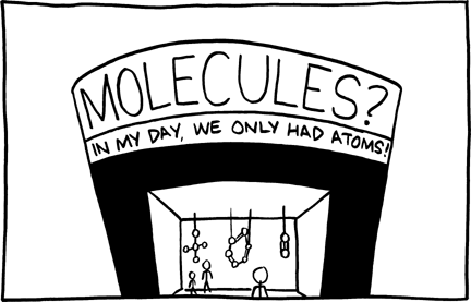 In this exhibit the marquee claims that "In my day" molecules did not exist, and everything was just atoms. Molecules are chains of atoms, and therefore more complex than atoms. This story might be believed by children because old people often tell unbelievable and questionably credible "In my day" stories about how different, or in this case less complicated, things when they where younger. This story may sound no less credible than these stories to a child. Like most "In my day" stories there is at least a grain of truth. The word atom has changed its meaning over time; at one time all discovered molecules were called atoms, as when they were modified their properties change. Also, according to the Big Bang theory, there was a period billions of years ago when the universe contained no molecules, yet still contained atoms.