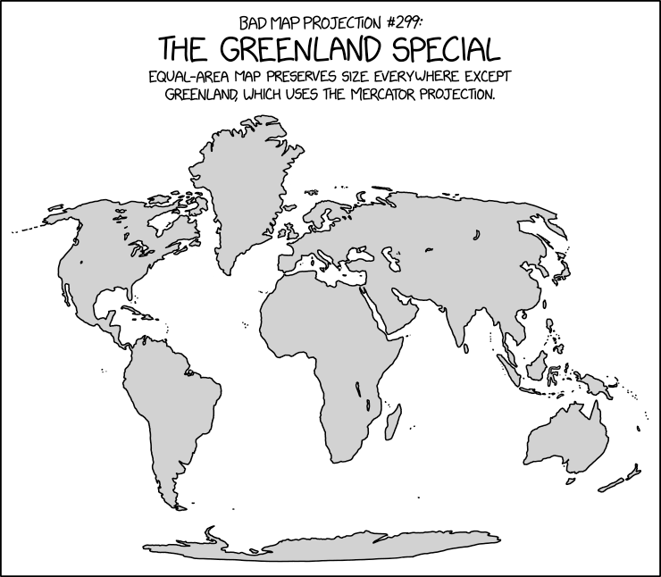 The projection for those who think the Mercator projection gives people a distorted idea of how big Greenland is, but a very accurate idea of how big it SHOULD be.