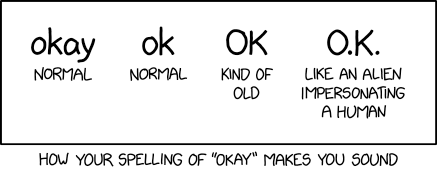 After changing it back and forth several times and consulting with internet linguist Gretchen McCulloch, I settled on "ok" in my book How To, but I'm still on the fence. Maybe I should just switch to "oK".